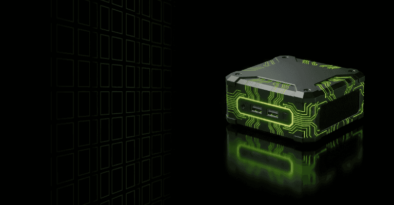Compact mini PC with circuit board design and green RGB